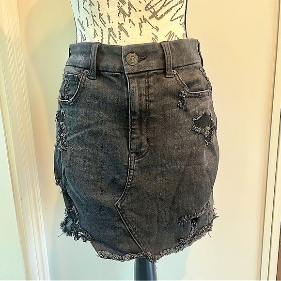 American Eagle Outfitters Distressed Black Denim Skirt - Picture 2 of 16